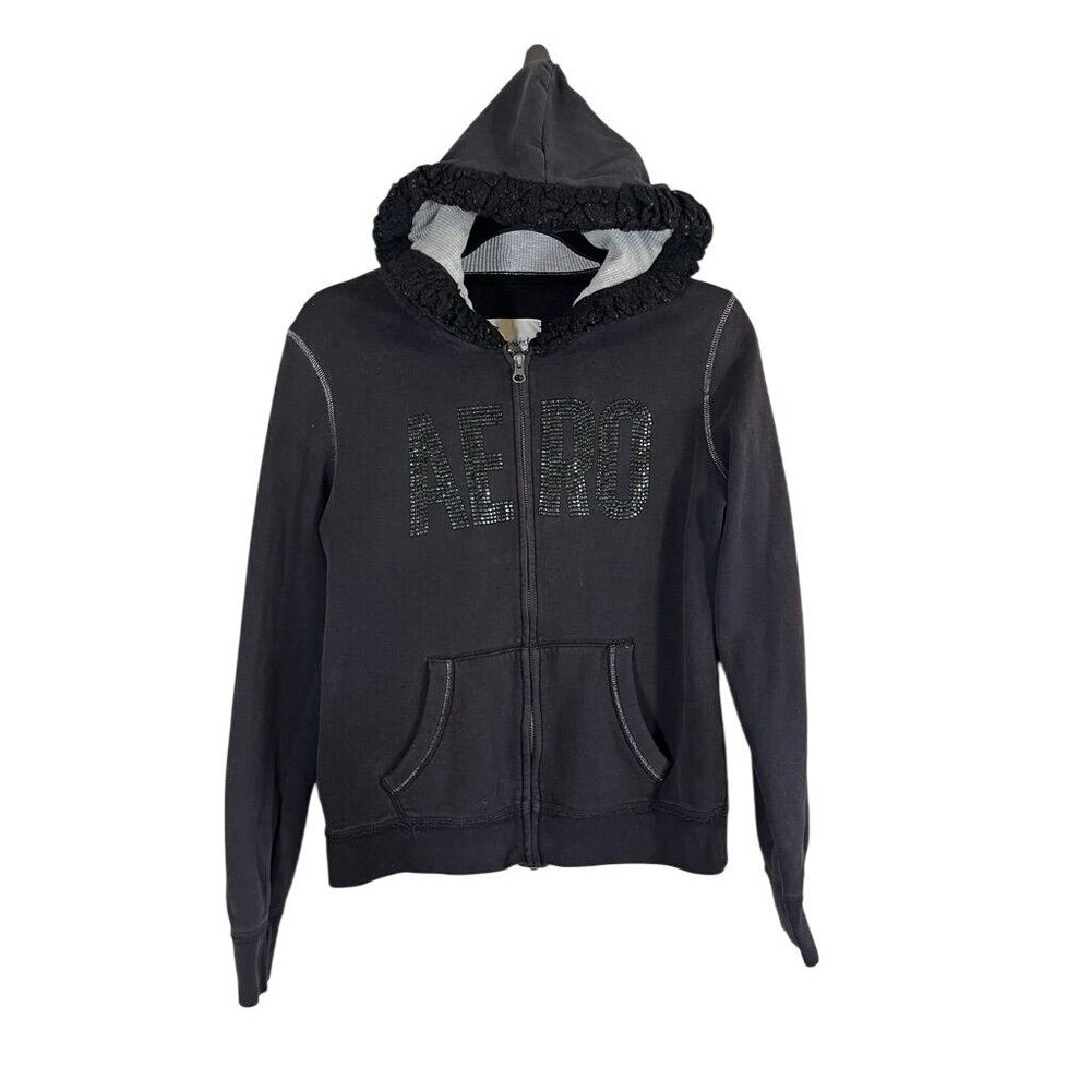 Y2K Rhinestone Aeropostale Hoodie Black L Skater Grunge Neutral Emo